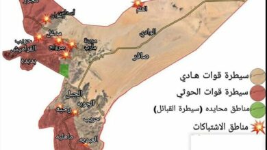 خريطة توضح الوضع الميداني ومناطق السيطرة الحوثي والحكومة حتى اليوم